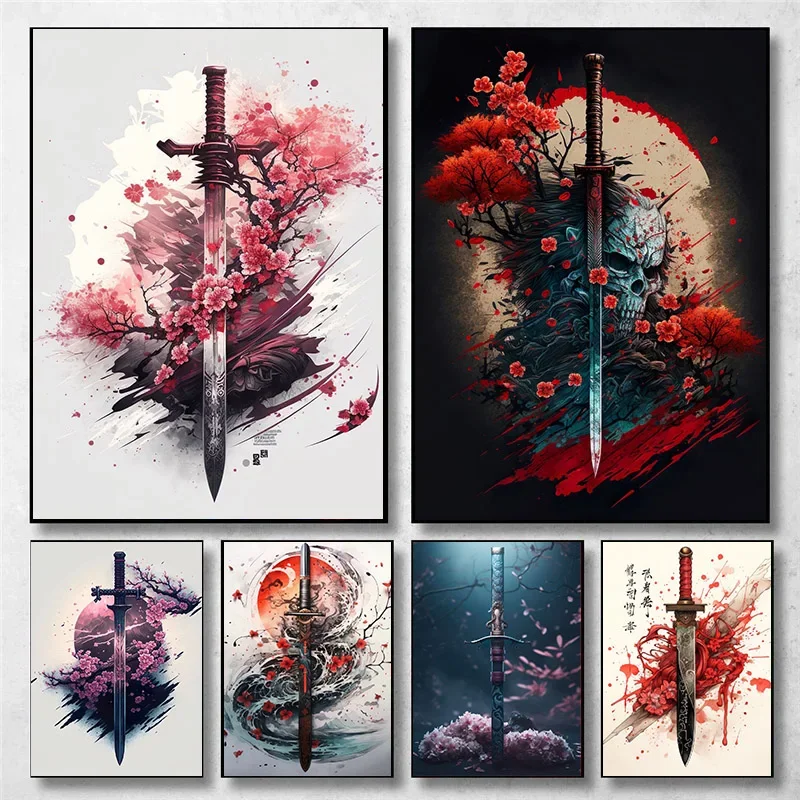 Vintage Samurai Katana Sword Cherry Blossom Landscape Art Posters Canvas Painting Wall Prints Picture for Living Room Home Decor