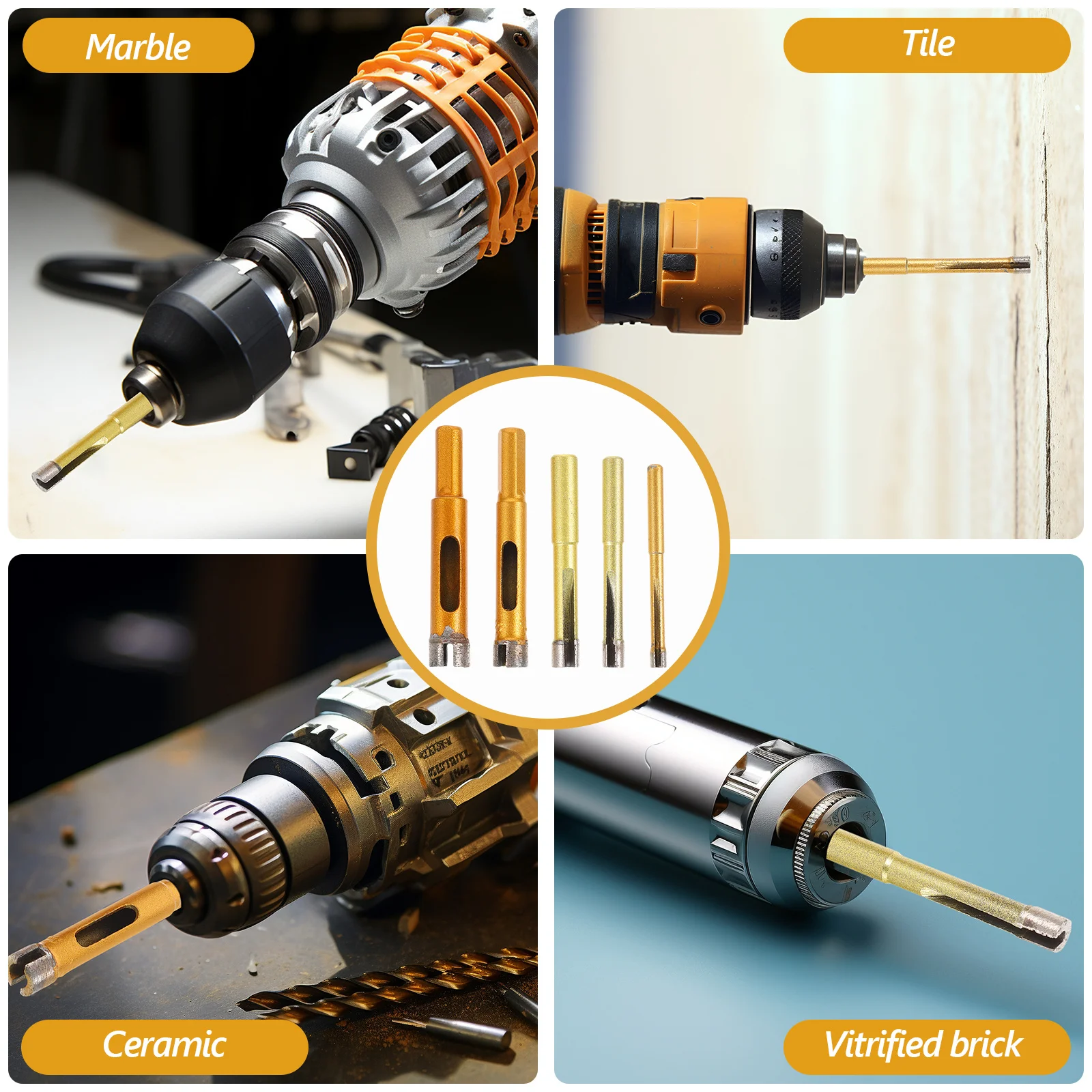 

5Pcs Drill Bit Set for Various Materials Ceramic Glass Concrete Durable Wear Resistant Unique Design Stability