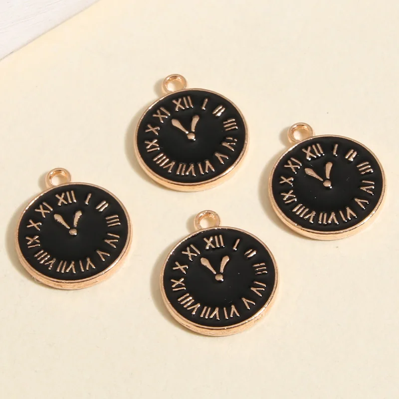 10pcs Gold Color 17x14mm Lovely Enamel Double Sided Clock Charms Time Pendant For Handmade Necklaces Jewelry Making Accessories