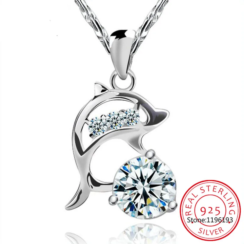 925 Sterling Silver Connected Double Dolphins Necklace Shiny Zircon Love Neck Chain for Women Fine Jewelry BSN340