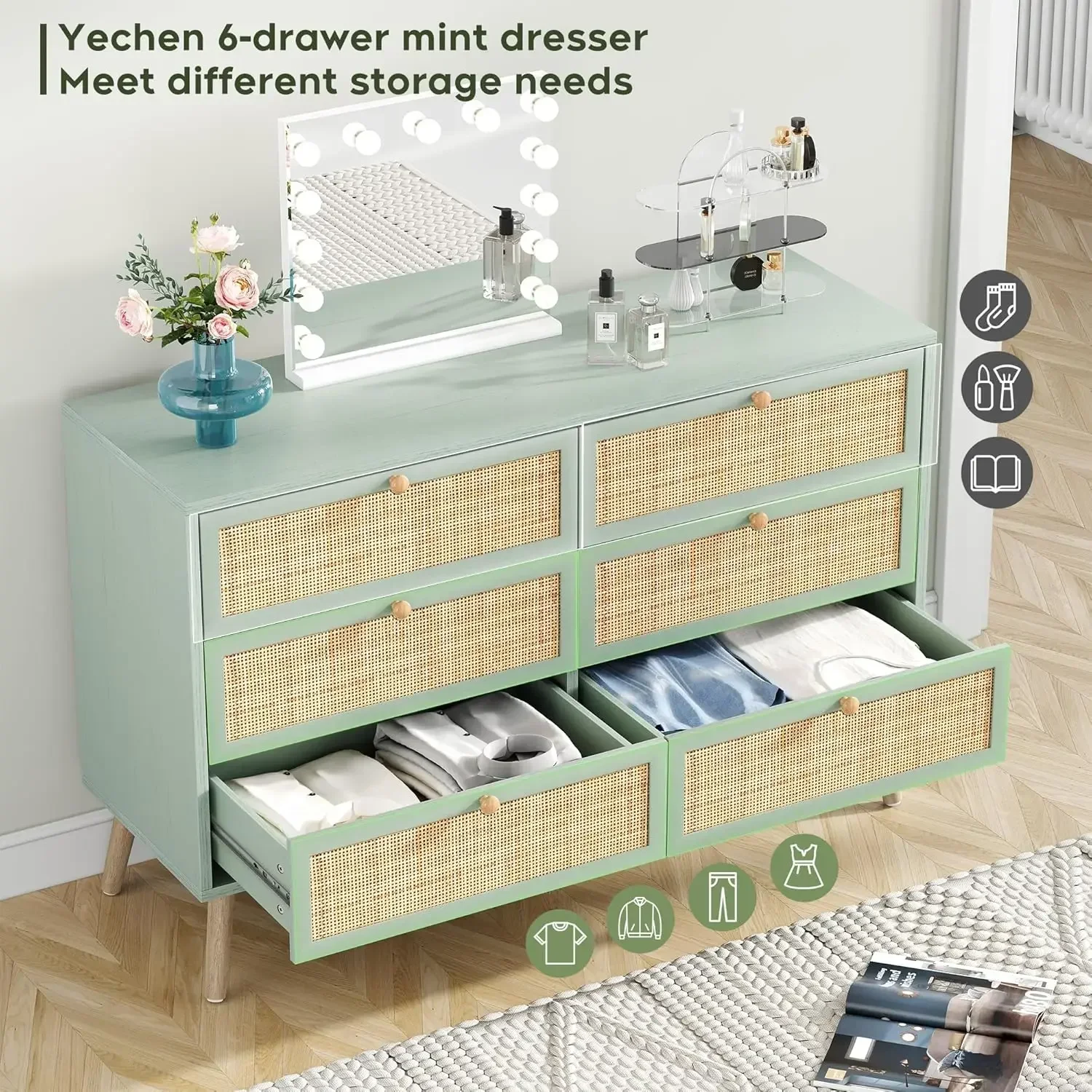 

Green Boho 6 Drawer Double Dresser with Wooden Legs, Wood Storage Chest of Drawers for Bedroom, Living Room, Nursery, Mint