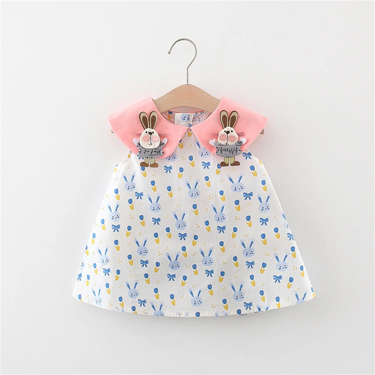 Cute Printed Sleeveless Dress For Girls Baby Three-Dimensional Rabbit Lapel Loose Daily College Style Clothes