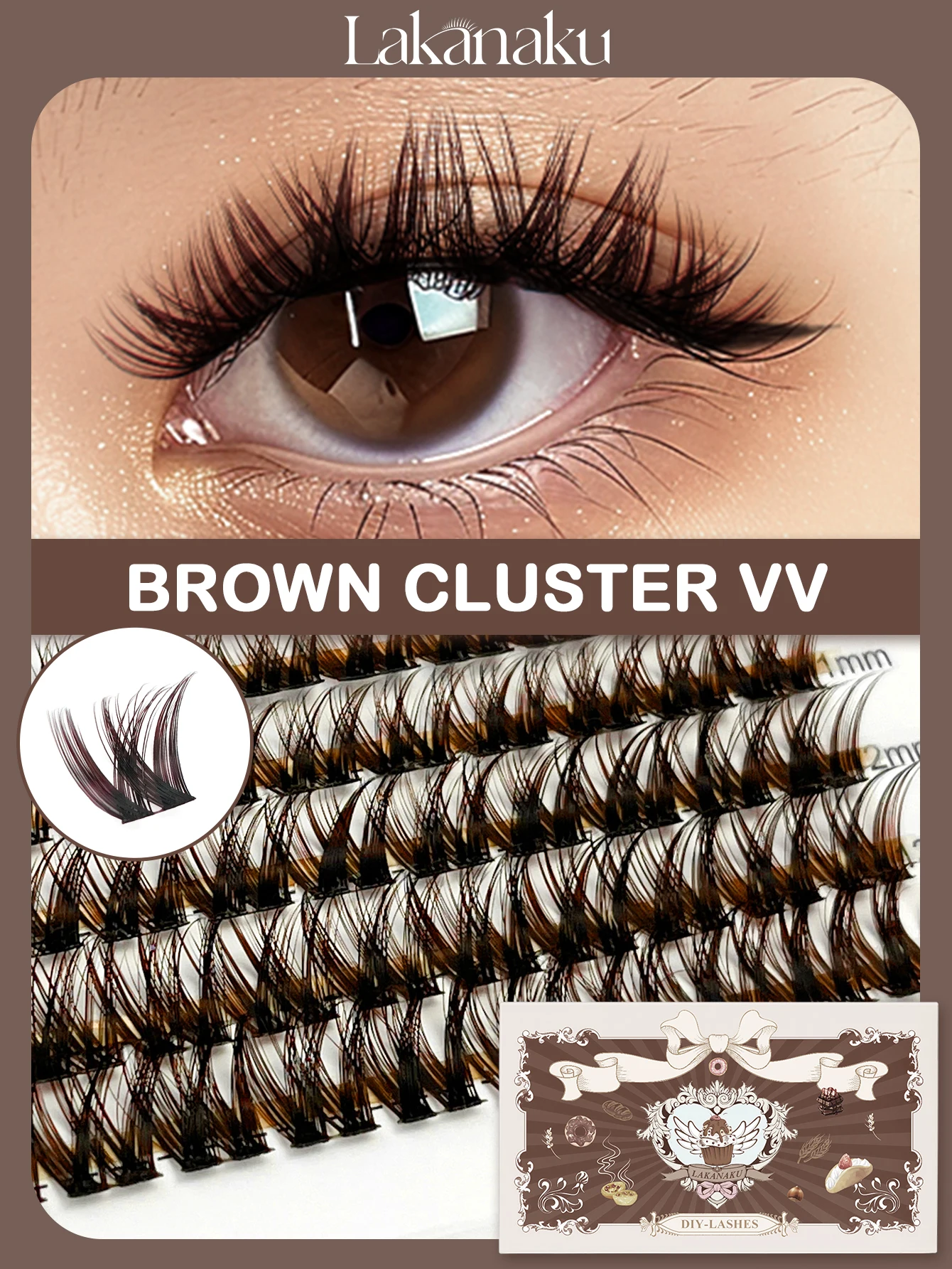 LAKANAKU Cashmere DIY Brown Cluster Lashes Natural Soft Brown Eyelashes Extension False Lashes Save Time For Beginner Makeup