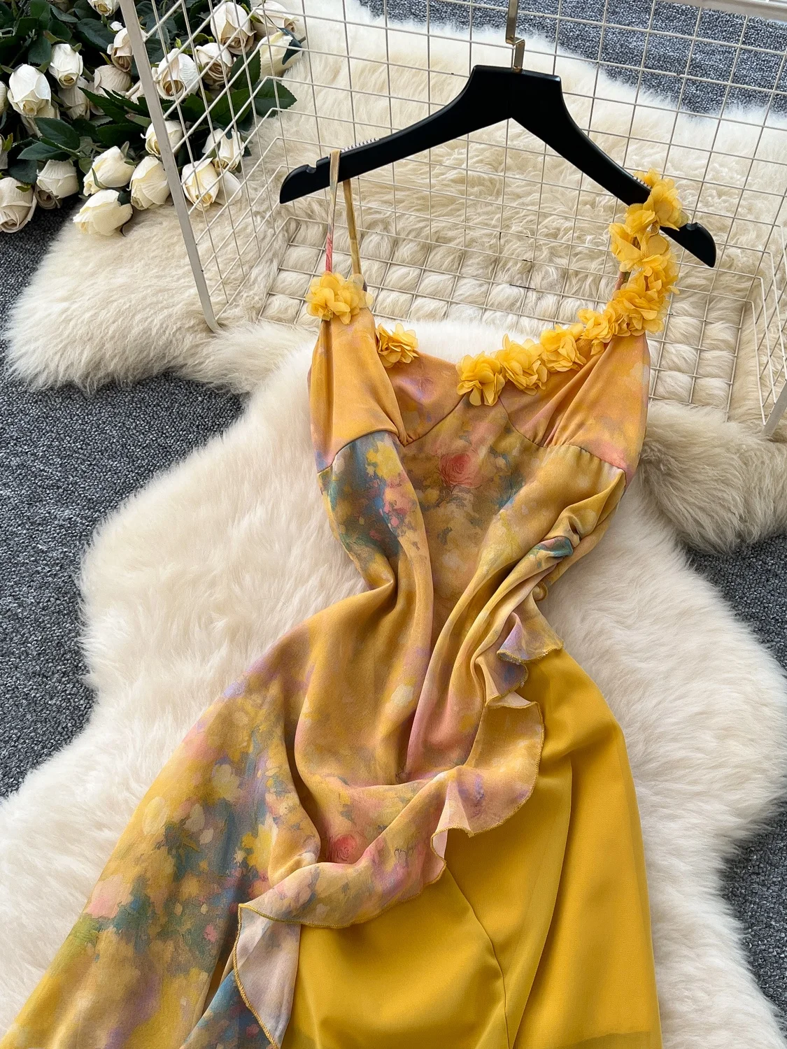 Pure Desire Design Unregelmäßige Spleißen Floral Chiffon Dr Frauen 3D Blume Taille Cinching Strap Lange Dr Koreanische Sle High...