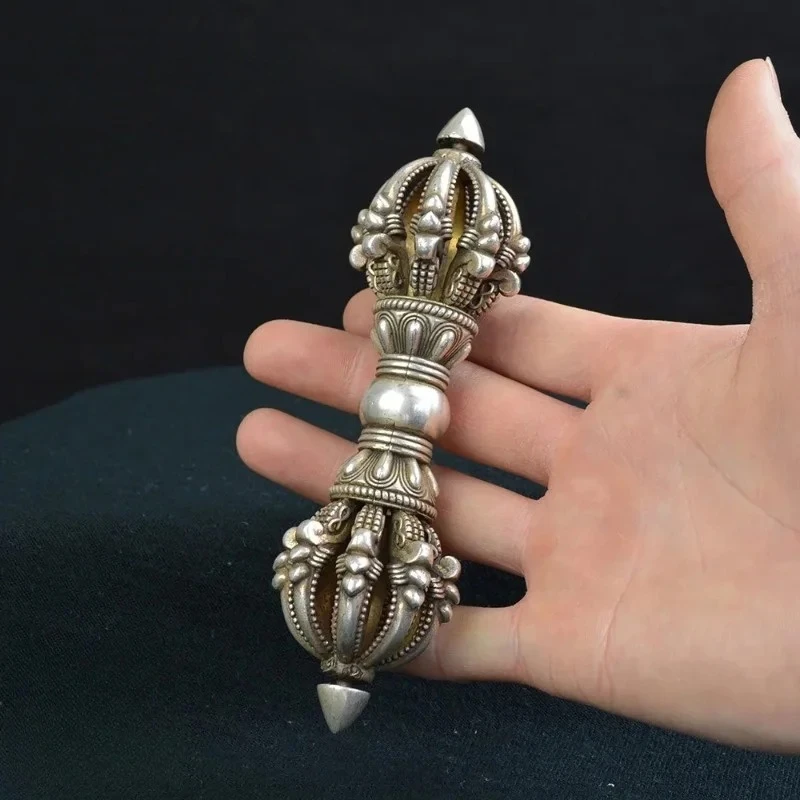 Nine-pronged Vajra Pestle Tibetan Buddhism Ritual Tool Copper Silver-plated Dorje Vintage Tantric Dharma Object Decor