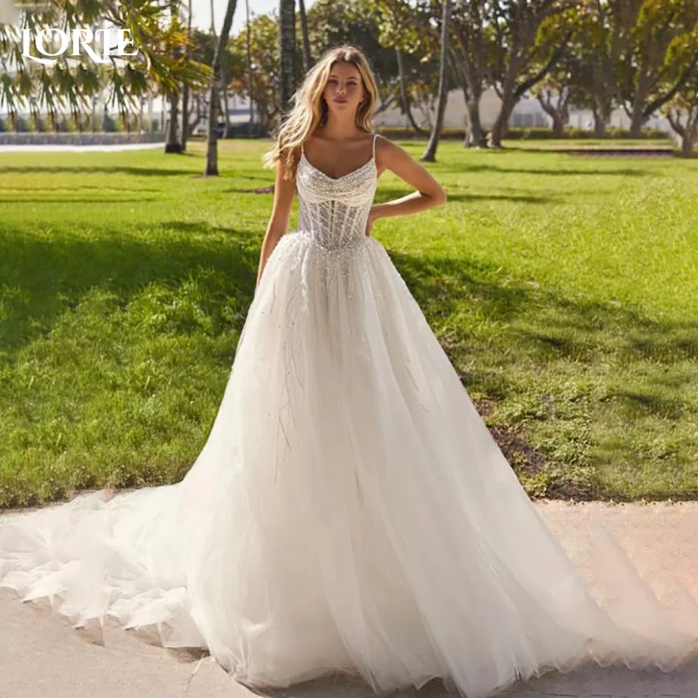 

LORIE 3d Flower Wedding Dresses A-Line Lace Applique Illsion Elegant Bridal Gown Spaghetti Strap Princess Party Dress Customized