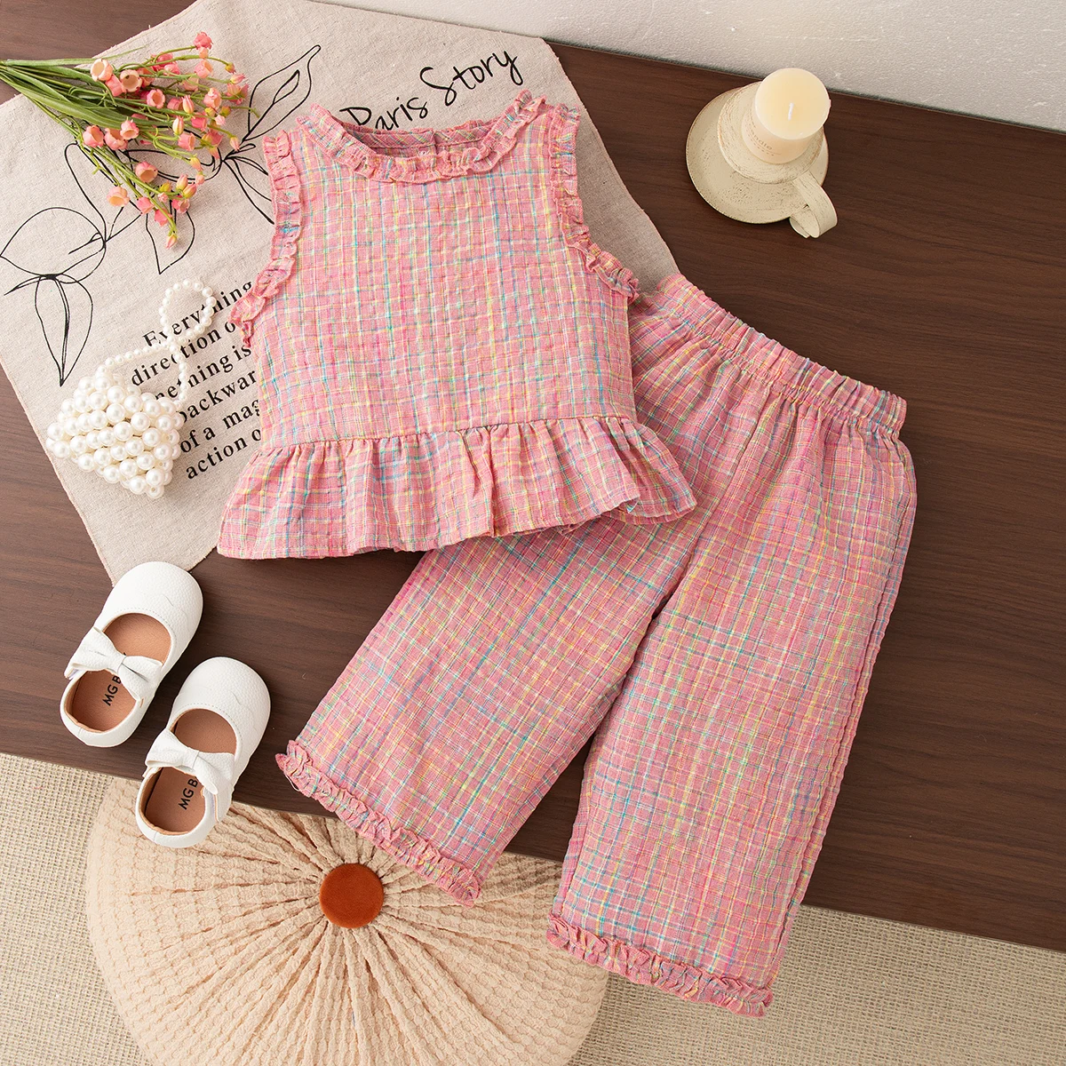

Комплект из 2 шт./компл., летний хлопковый однотонный клетчатый топ без рукавов, штаны, комплекты для девочек, милая повседневная пляжная одежда для маленьких девочек