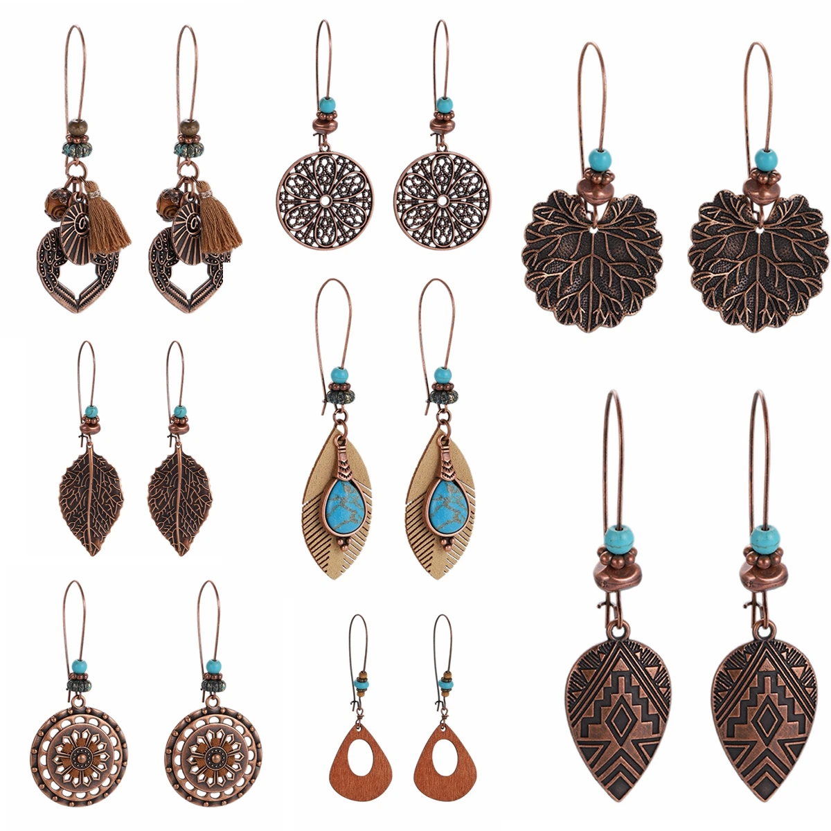 Ethnic Vintage Long Ear Hook Drop Earring for Women Fashion Gold Color Carved Leaf Pendant Earrings Girls Party Jewelry