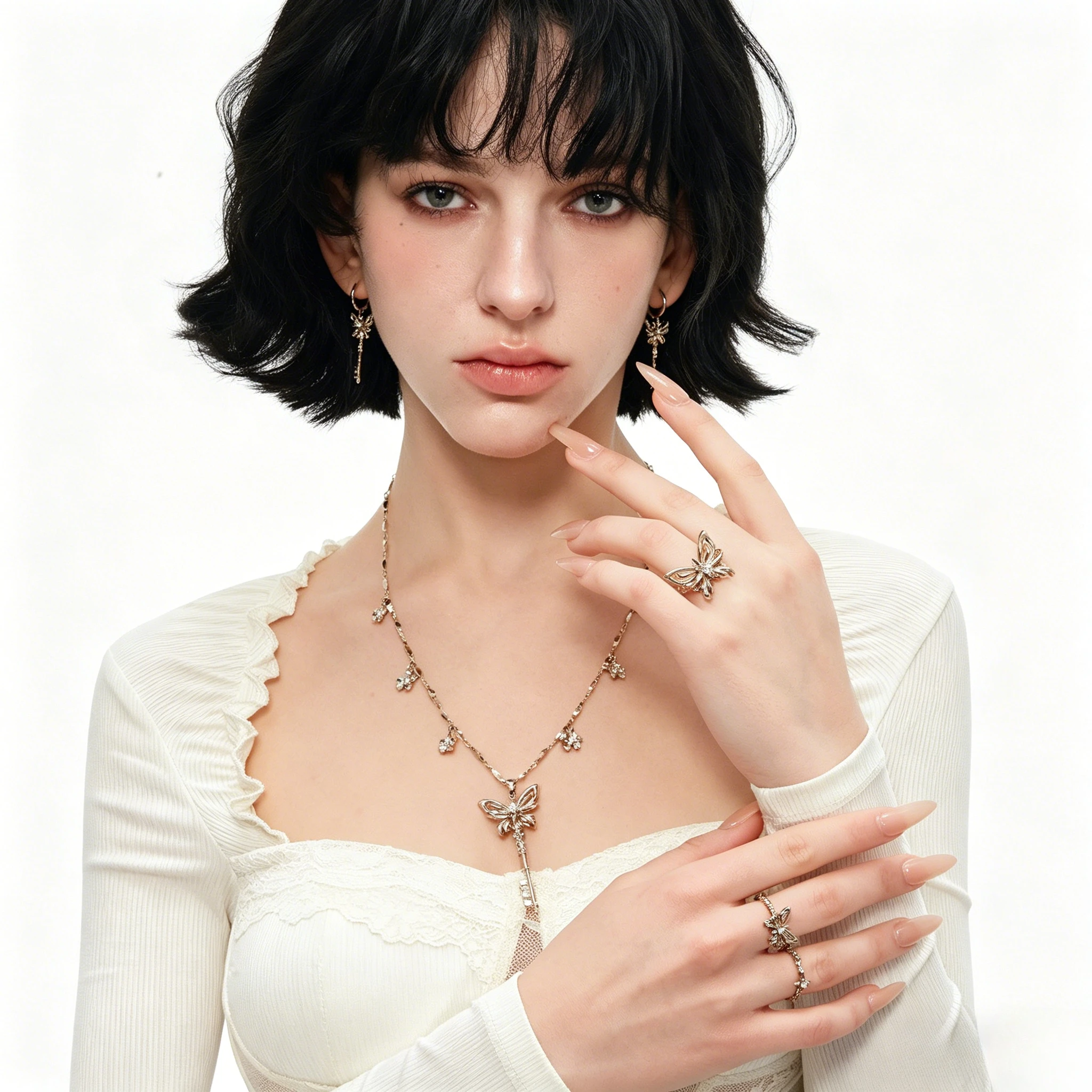 Genuine SUMIYAKI Butterfly Ring Necklace Earrings Combination Design Set, Light Luxury Jewelry Girls Gifts