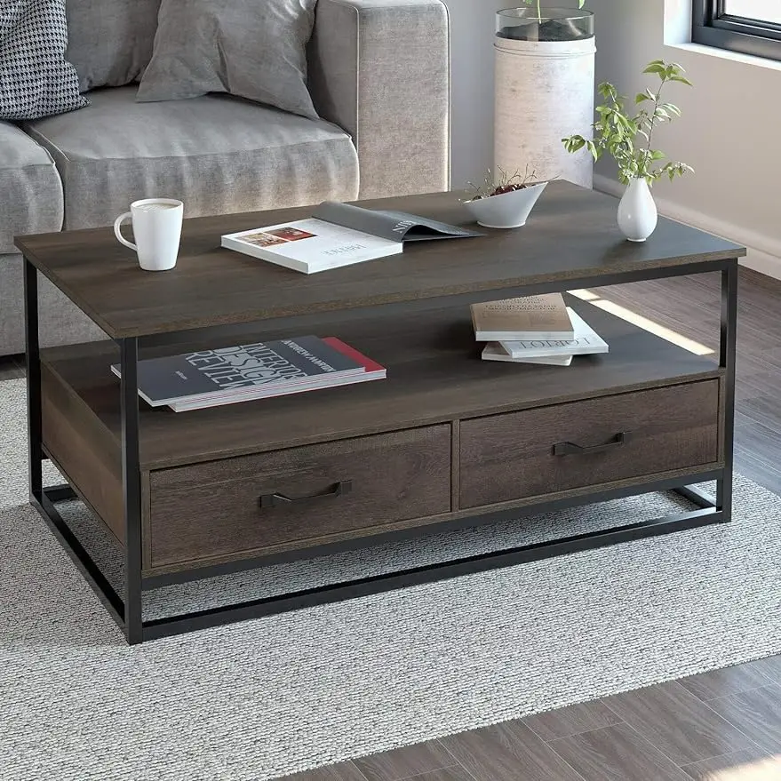 Farmhouse Coffee Table with Open Storage Shelves and 2 Drawers, Center Table Cocktail Table with Metal Frame for Living Room