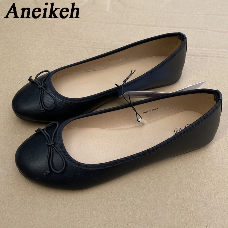 Aneikeh 2024 Summer Sweet Shallow Bow Ballet Flats Heel Ladies Loafers Shoes Fashion Slip-On Elegant Silk Ballet Mules black