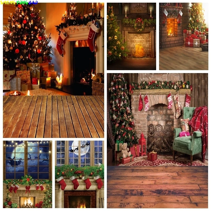 Weihnachtshintergrund für Fotografie, Weihnachtsbaum, Kamin, Holzboden, Hintergrund, Familie, Festival, Party, Dekorationen, Fotostudio-Requisite