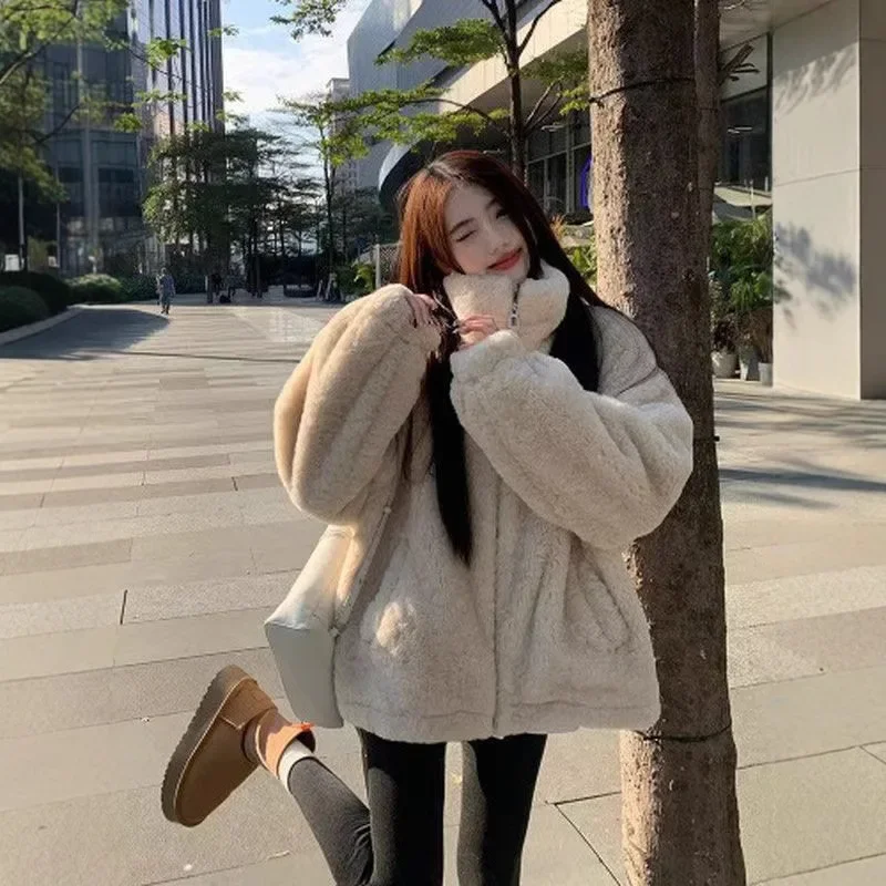 Ztluštěná jehněčí kožešinová bunda pro ženy, volný střih, stojáček, podzimní zimní pouliční styl, malá bomberová bunda, plyšové svrchní oblečení - náhled 5