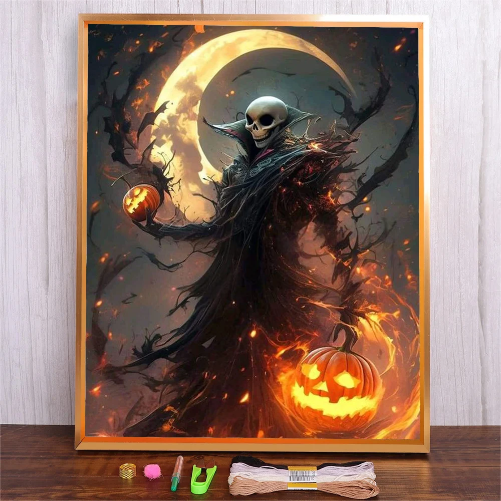 Halloween Cross Stitch Kit Human Skeleton Death 11CT Printed Embroidery Adults DIY Handmade Needlework Crafts Gift Home Decor