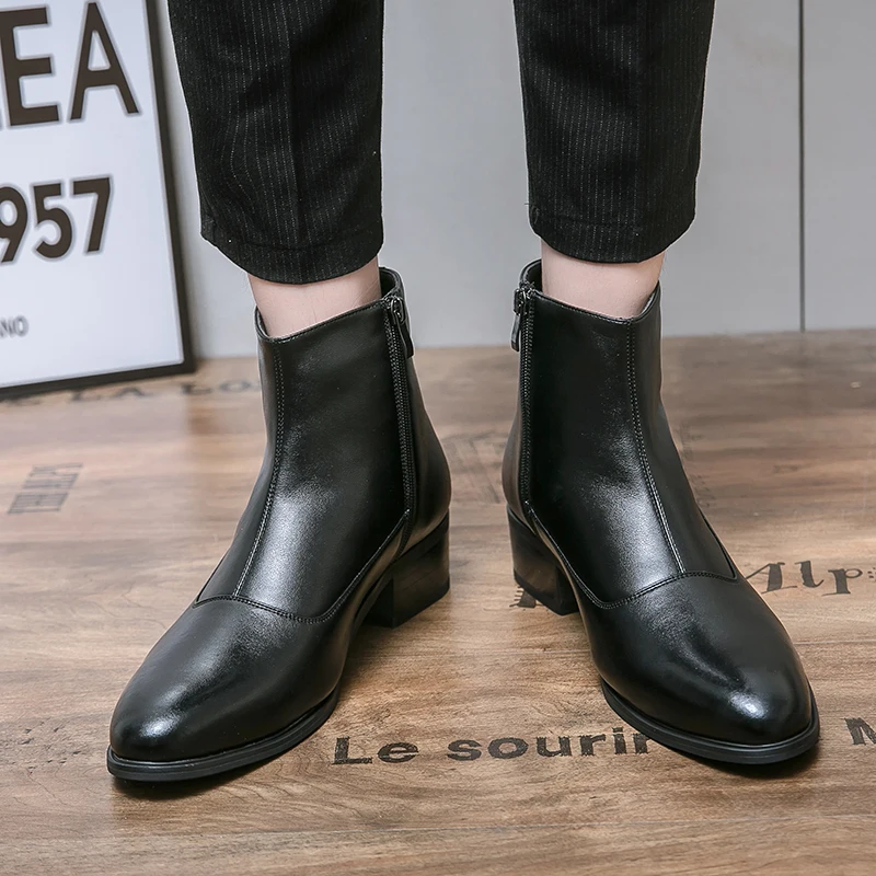

Spring and Autumn Men Mid Top Boots Side Zipper Height Increasing Fashionable Boots Youthful Simple and Comfortable Chelsea Boot