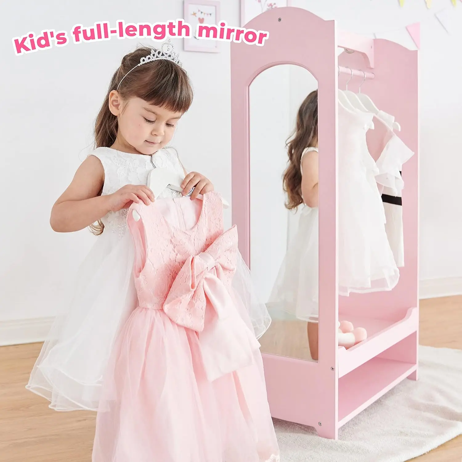 Armário infantil com espelho e ganchos - Rack de armazenamento de madeira rosa para quarto de meninas