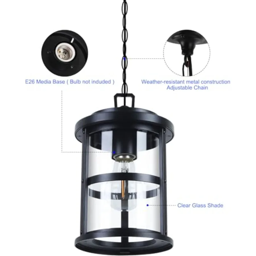 Outdoor Pendant Lantern, Aluminum Pendant Light in Black Finish for Porch, 1-Pack Exterior Hanging Lantern with Clear Glass and
