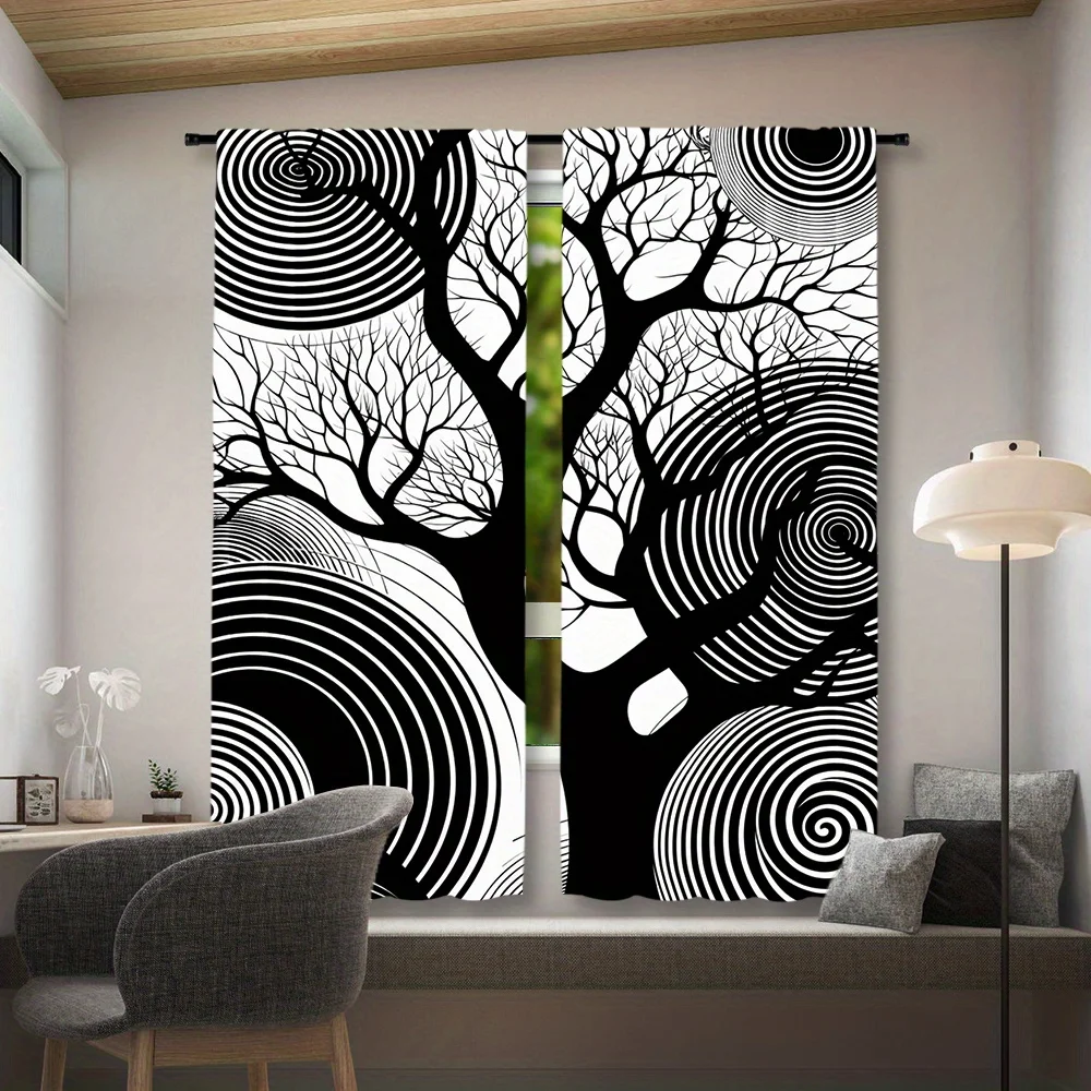 Black White Swirl Bare Tree Curtain 2 Panels Abstract Circle Branch Silhouette Contrast Master Bedroom Curtain Minimalist Art