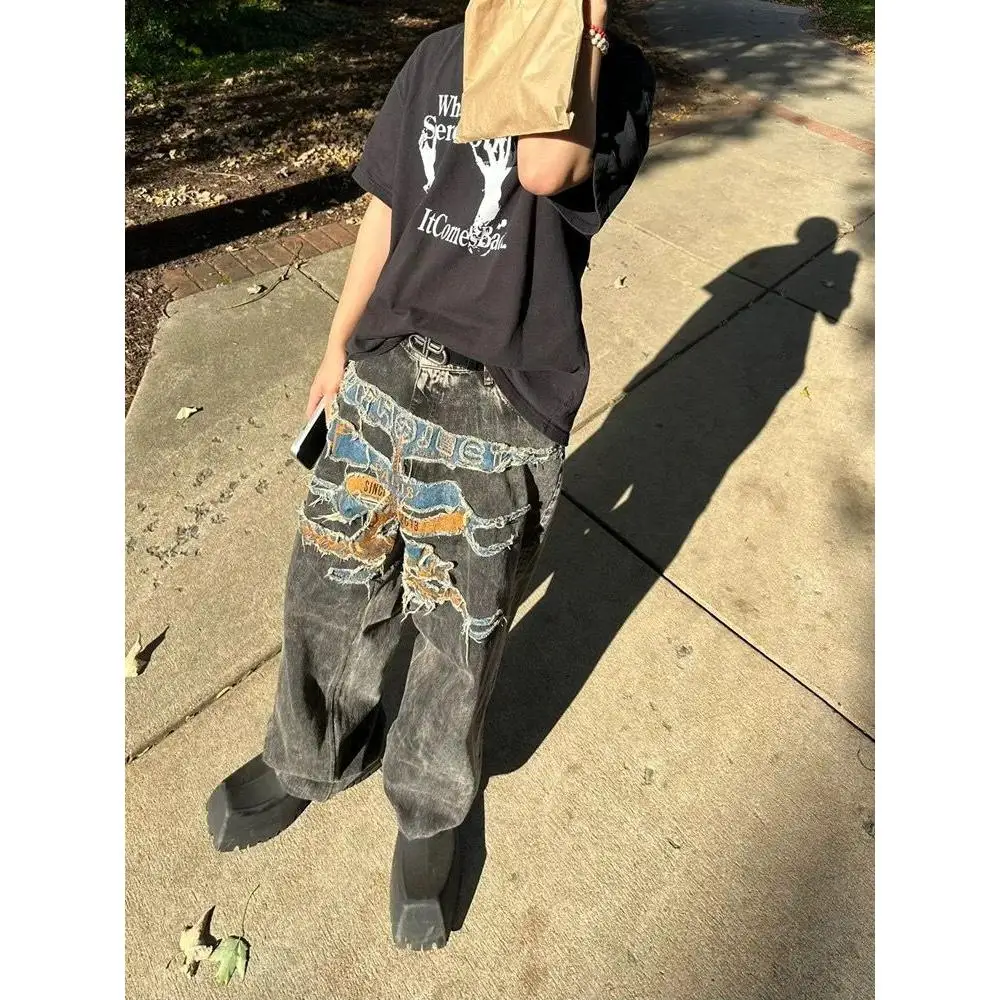 

Trendy American Street Patchwork Hole Design Loose Straight Leg Men's Jeans Fashion Urban Youth Daily Wear Cotton Polyester B...