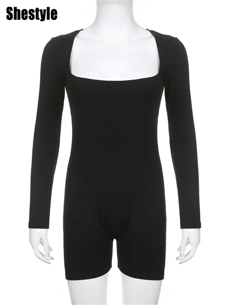 Shestyle Black Solid Square Neck Playsuits Women Full Sleeve Sportwear Leisure Skinny Slim Sexy Autumn 2025 Basic Outfits