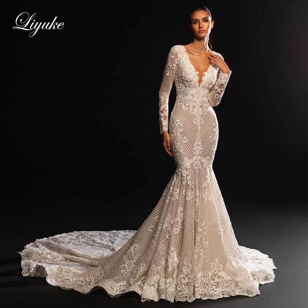 

Liyuke Luxury Grid Appliques Lace Mermaid Wedding Dress Robe De Marriage Full Sleeves Deep V-Neck Trumpet Bridal Gowns