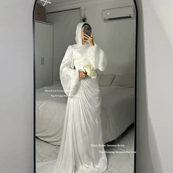Xijun Modest Ivory Muslim Evening Dresses Full Sleeves Crystal Wedding Party Dresses Pleats Dubai Formal Prom Dresses Customized