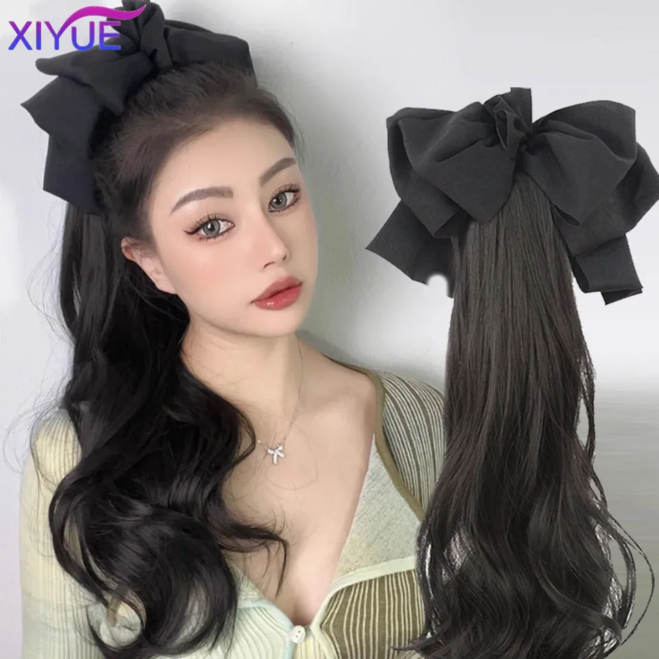 XIYUE Synthetic ponytail wig for women with long curly hair clip high ponytail sweet bow low braid fake ponytail