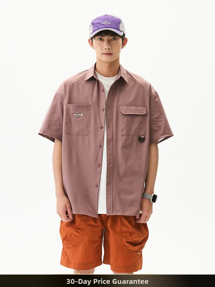 

Nted Japanese Sle Retro Color Men's Work irt Summer Loose Cotton kets Couple Match ort Sve Button down