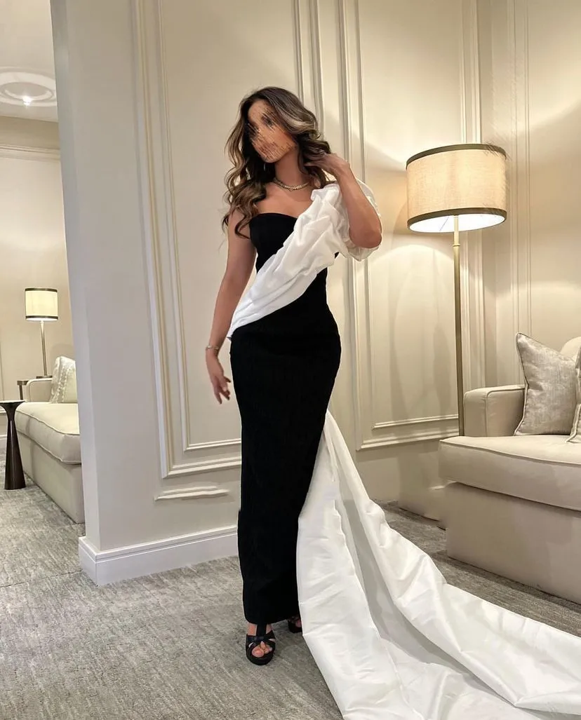 

2023 فستان سهرهBlack Mermaid Evening Gowns One Shoulder Strapless Prom Dresses Sweep Train Request Party Wedding Saudi Arabia