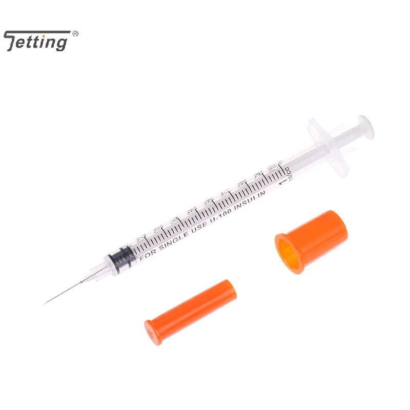 5Pcs 1/0.5/0.3ML Disposable Plastic Veterinary Syringe Orange Cap Sterile Insulin Syringe w/ Needles For Pet Farm Animal Cat Dog