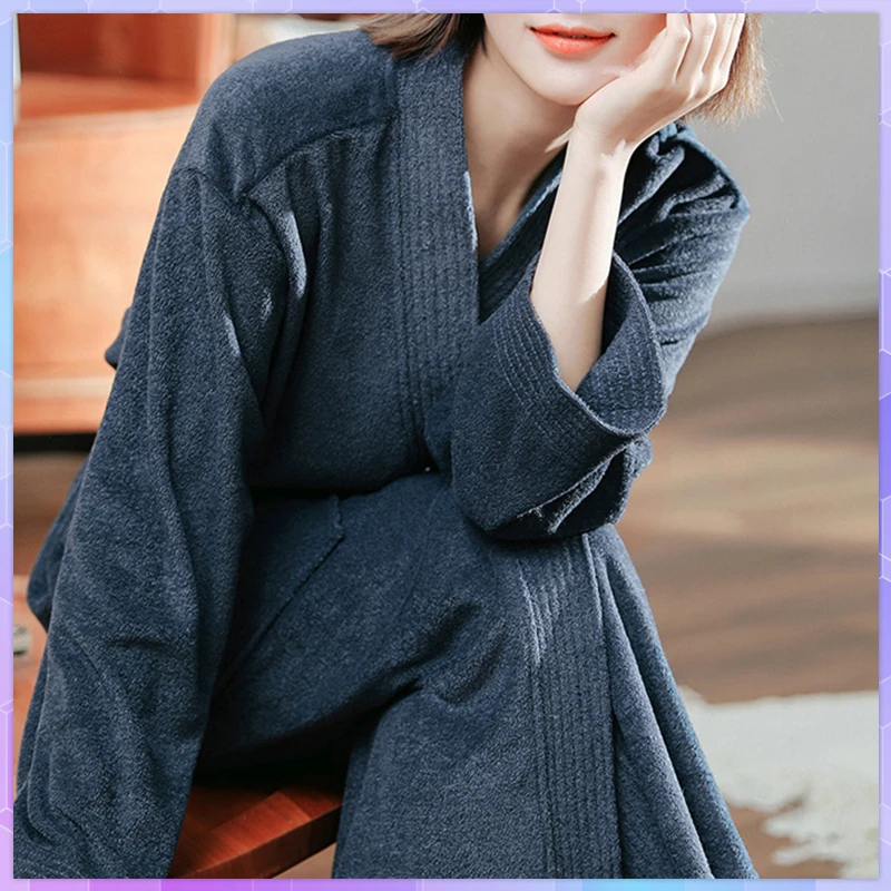 

Long Kimono Robe Women's Terry Bathrobe Solid Cotton Towel Long Sleeve Nightgown Casual Nightdress Spring Autumn Dressing Gown