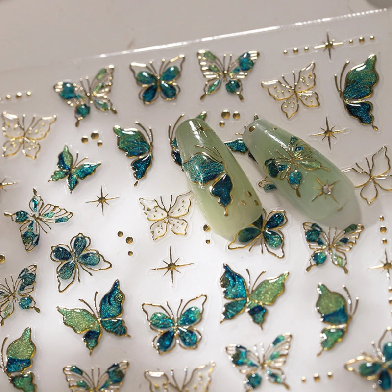 Gold Stamped Blue Green Glitter Butterfly 3D Jelly Self Adhesive Nail Art Stickers Polarized Illusion Manicure Decals Wholesale