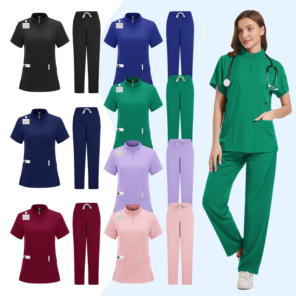 

Hospital Surgical Gowns Short Sleeve Tops Pant Nursing Accessories Doctors Clothes Women Medical Uniforms Elastic Scrubs Sets