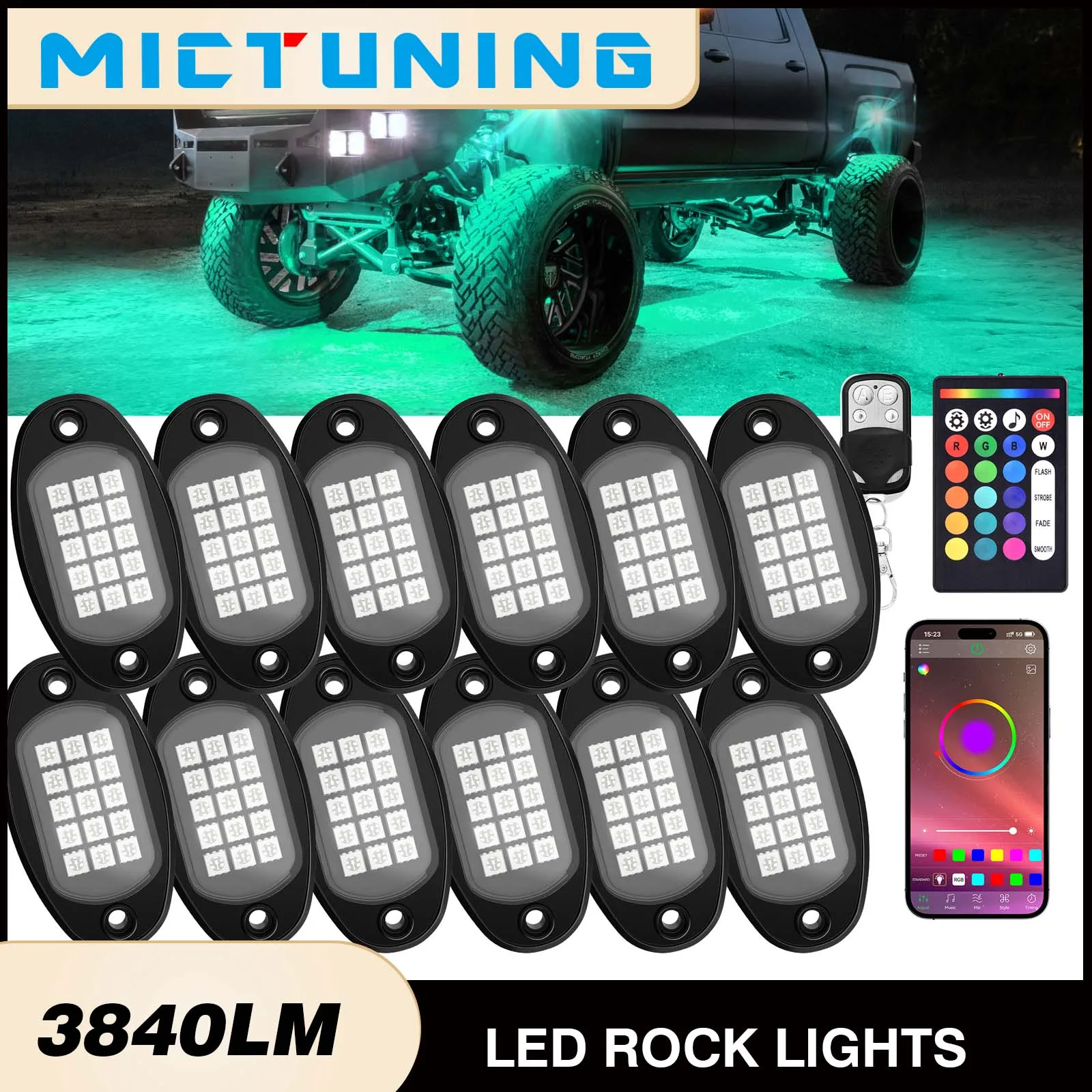 

MICTUNING 12 стручков RGB светодиодные рок-светильники с дистанционным управлением через приложение, многоцветные комплекты неоновых светильников подсветкой, 60 Вт 3840LM лампа под корпусом
