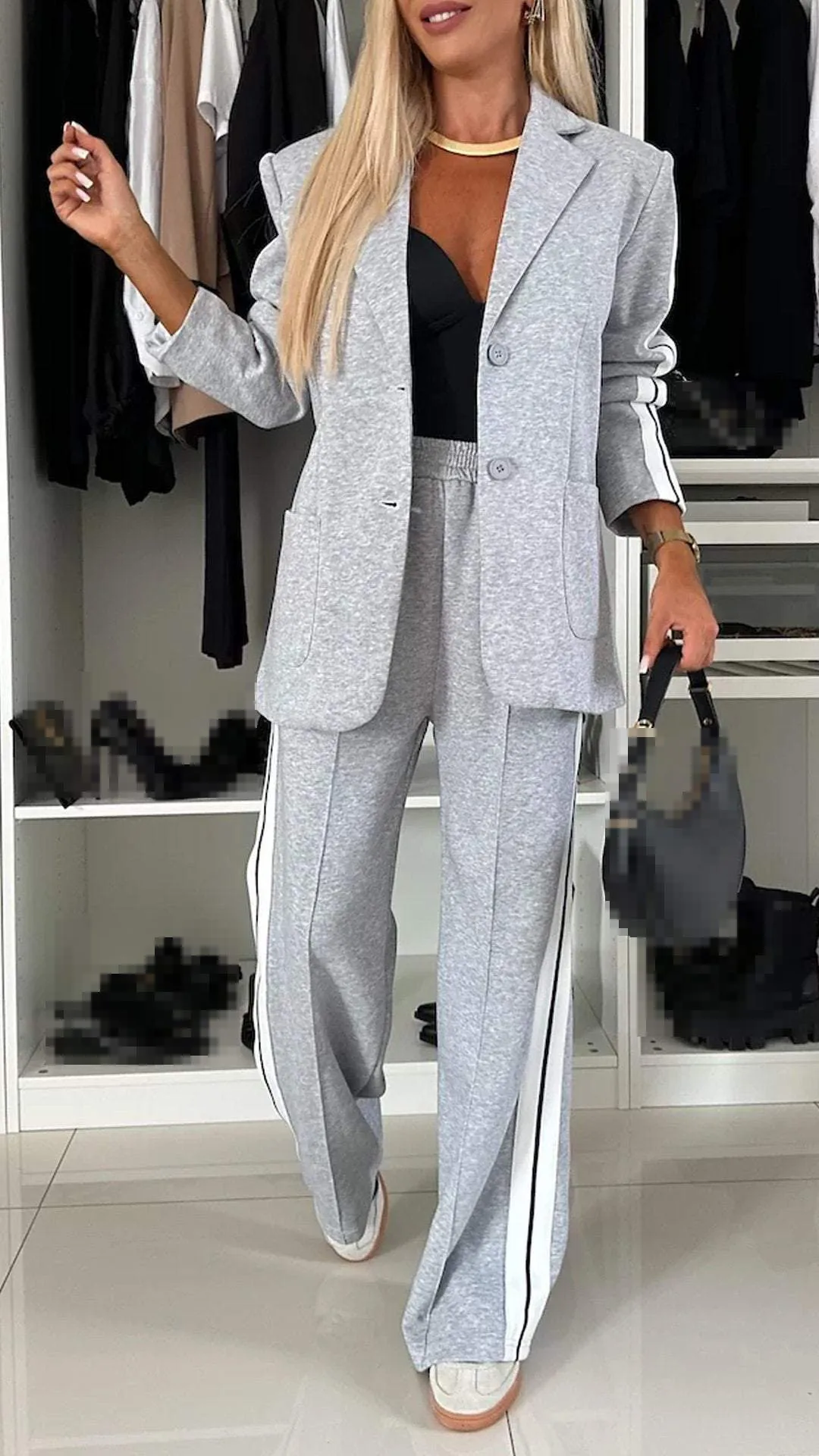 2 Piece Set Women\'s Office Winter Autumn Fashion V Neck Long Sleeve Striped Blazer Elegant Straight Pants Suit Sportswear