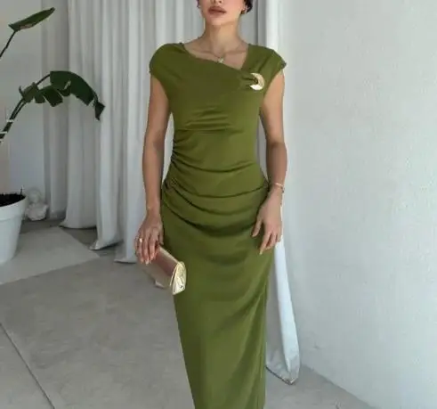 

Womens Dresses 2025 Spring Summer New Solid Color Sleeveless Square Collar Ruched Split Back Casual Hip Wrapping Long Dress