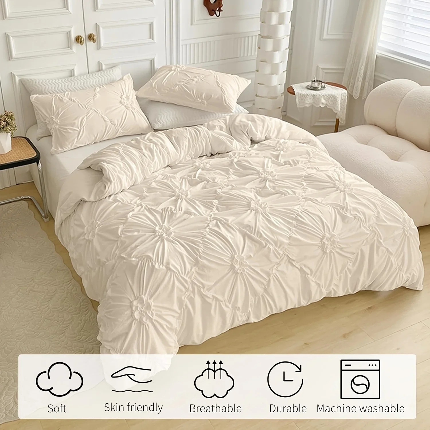 Beige Three-dimensional Flower Duvet Cover Set Queen Size Soft Bedding Set Bohemian Solid Color Quilt Cover Set for All Season