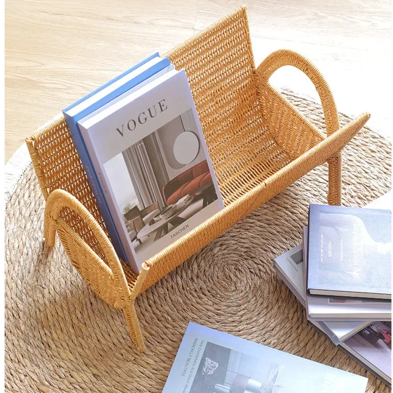 

Imitation Rattan Woven Magazine Rack Living Room Book Shelf Hollow Out Storage Stand Exquisite Durable Organizing Basket