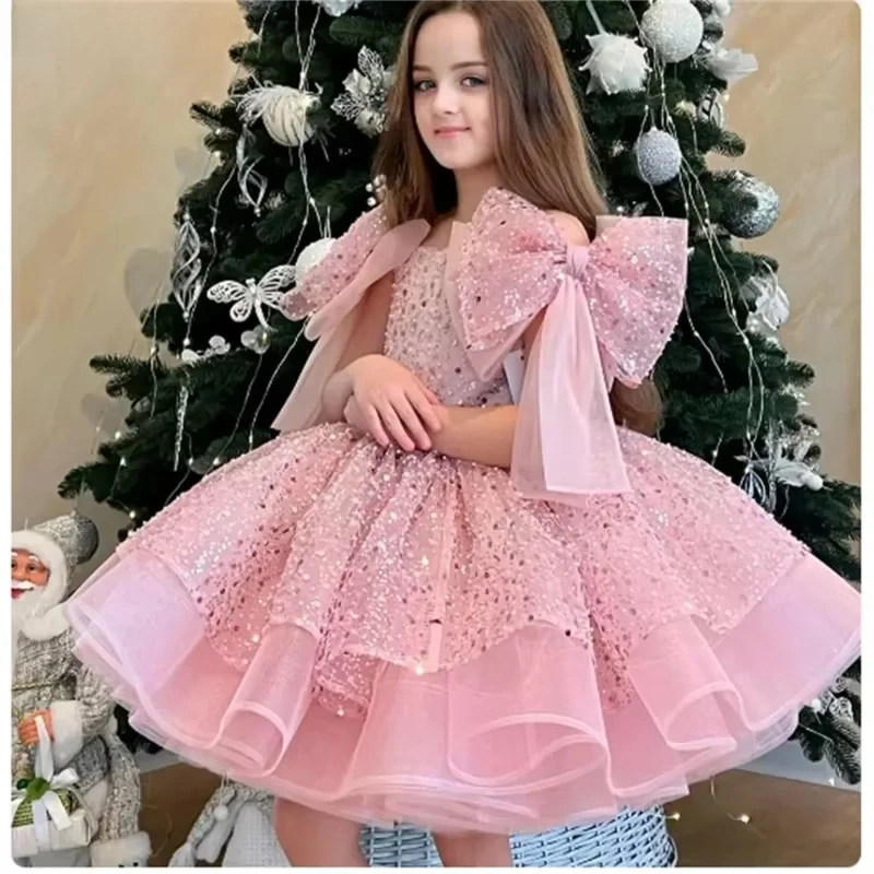 Lace Flower GirlOutfits Luxury Sequined Fluffy Grand Event Kids Clothes Dresses Matching Baby Birthday Party Princess