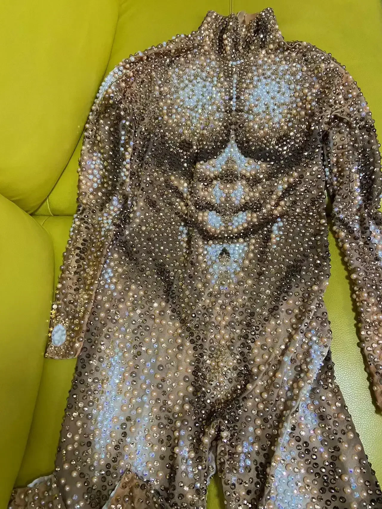 Luxurious Full Pearls Rhinestones Jumpsuit for Men Elastic Leotard Sexy DJ Nightclub Outfit Performance Dance Costume Stage Wear