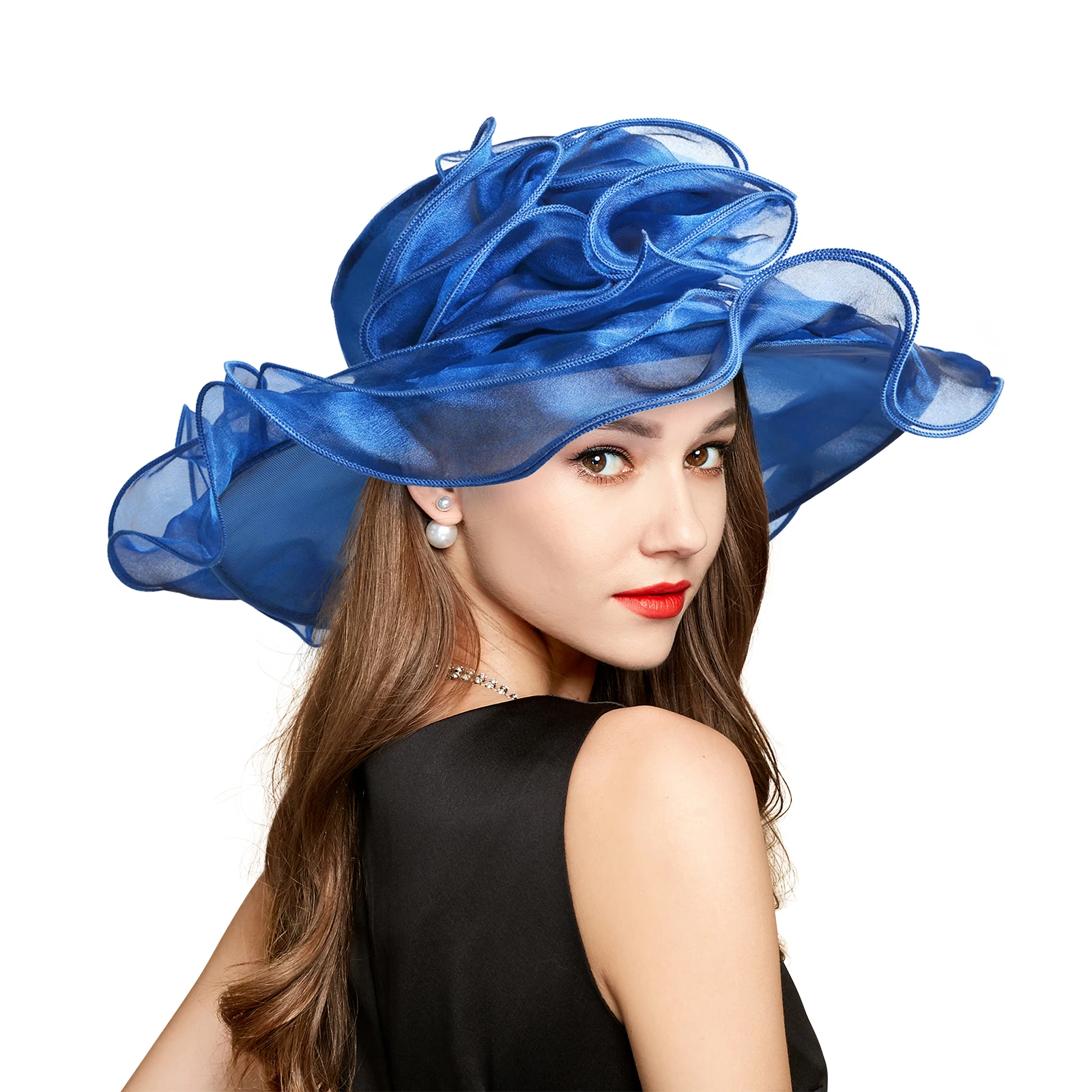 Woman Summer Organza Hat with Ruffle Brim and Exotic Handmade Floral Trim for Church, Wedding or Derby S10-3017