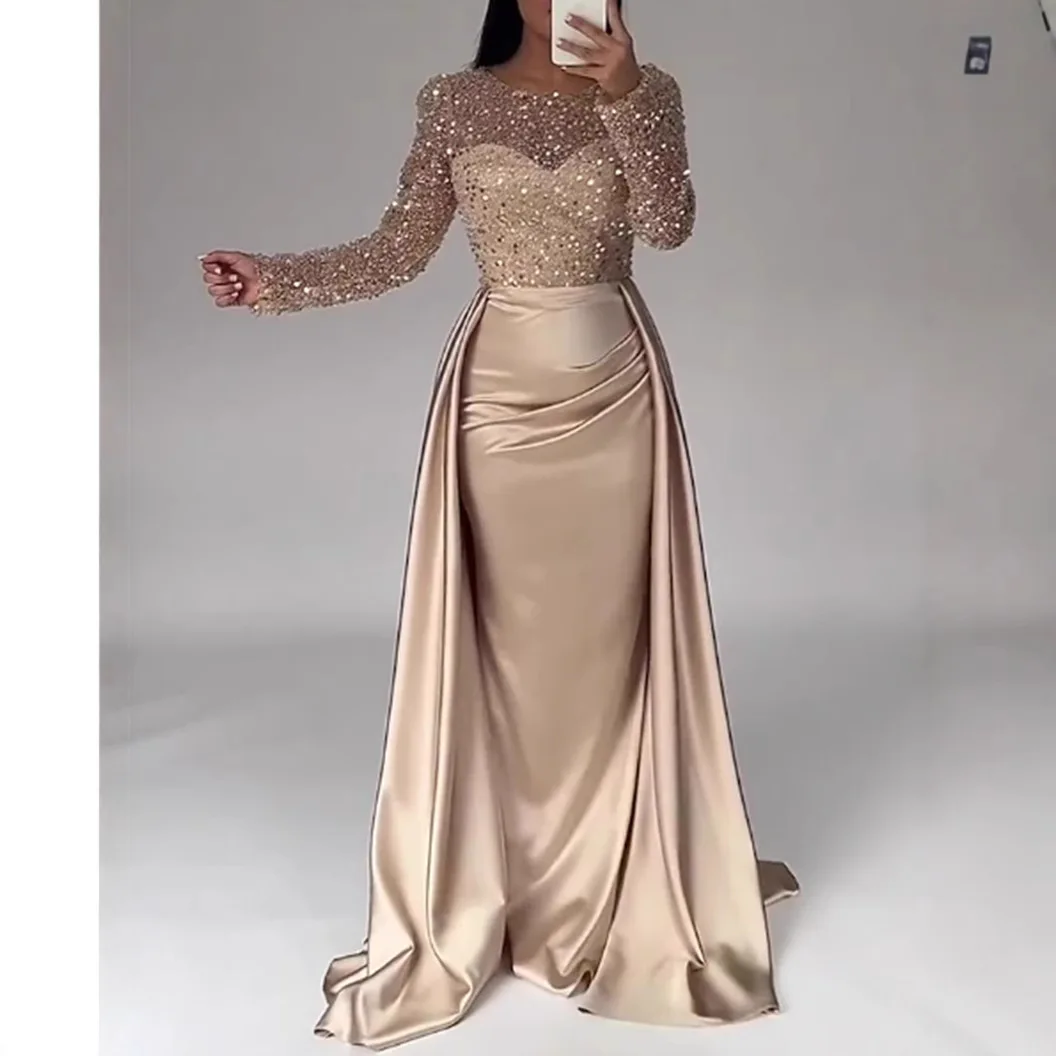 Elegant Satin Sequin Stitching Dress Luxury Glitter High Waist Gala Evening Dress Women Chic Long Sleeve Full Length Party Dress