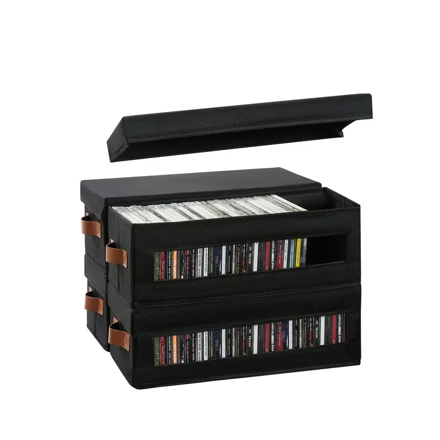 

Коорганайзеры, 4 упаковки ящика для хранения компакт-дисков с видимым окном, штабелируемый держатель для компакт-дисков с пылезащитной крышкой и ручками, вмещает до 1