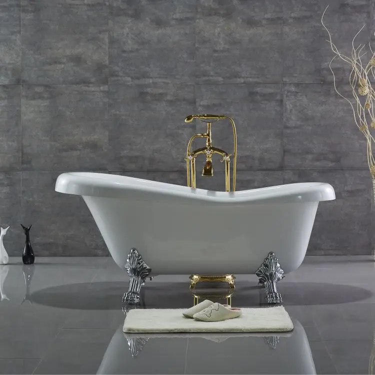 Commercial White Acrylic Bathtub Modern Stand Bath Tub with Silver Supporting Foot Comfortable Bathtubs