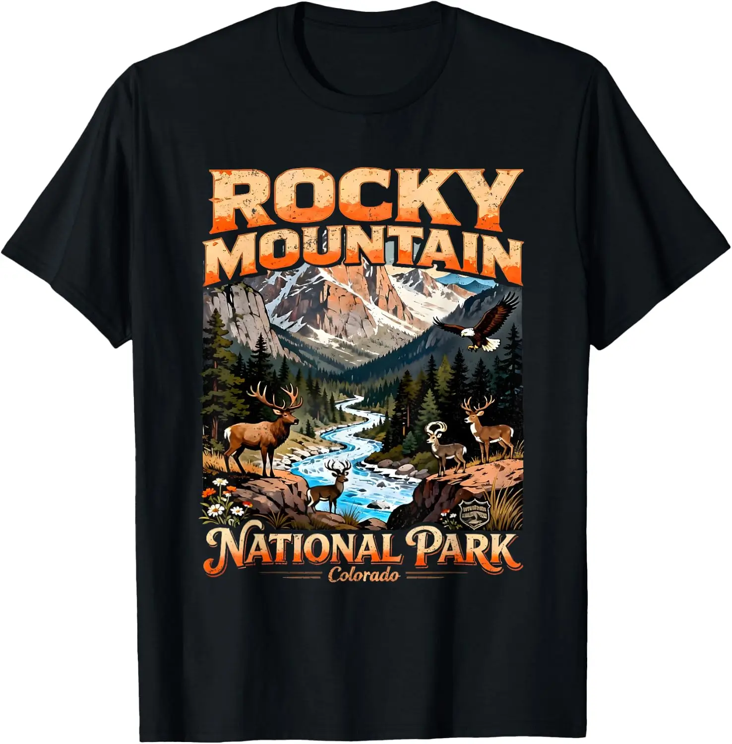 Retro Rocky Mountain National Park Wildlife Camping Souvenir T-Shirt 100% Cotton Trendy Y2K Short-Sleeve Tee – Soft, Quick-Drying, & Moisture-Wicking; Ideal for Sports or Casual Wear; Great Gift for Christmas or Halloween.
