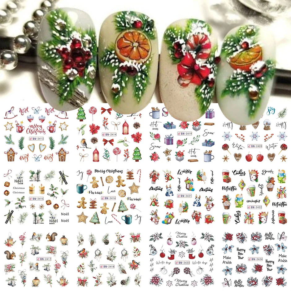 12pcs Winter Greenery Holly Tree Stickers For Nail Festive Christmas Design Drinking Gingerbread Elk Decor Manicure Water Slider