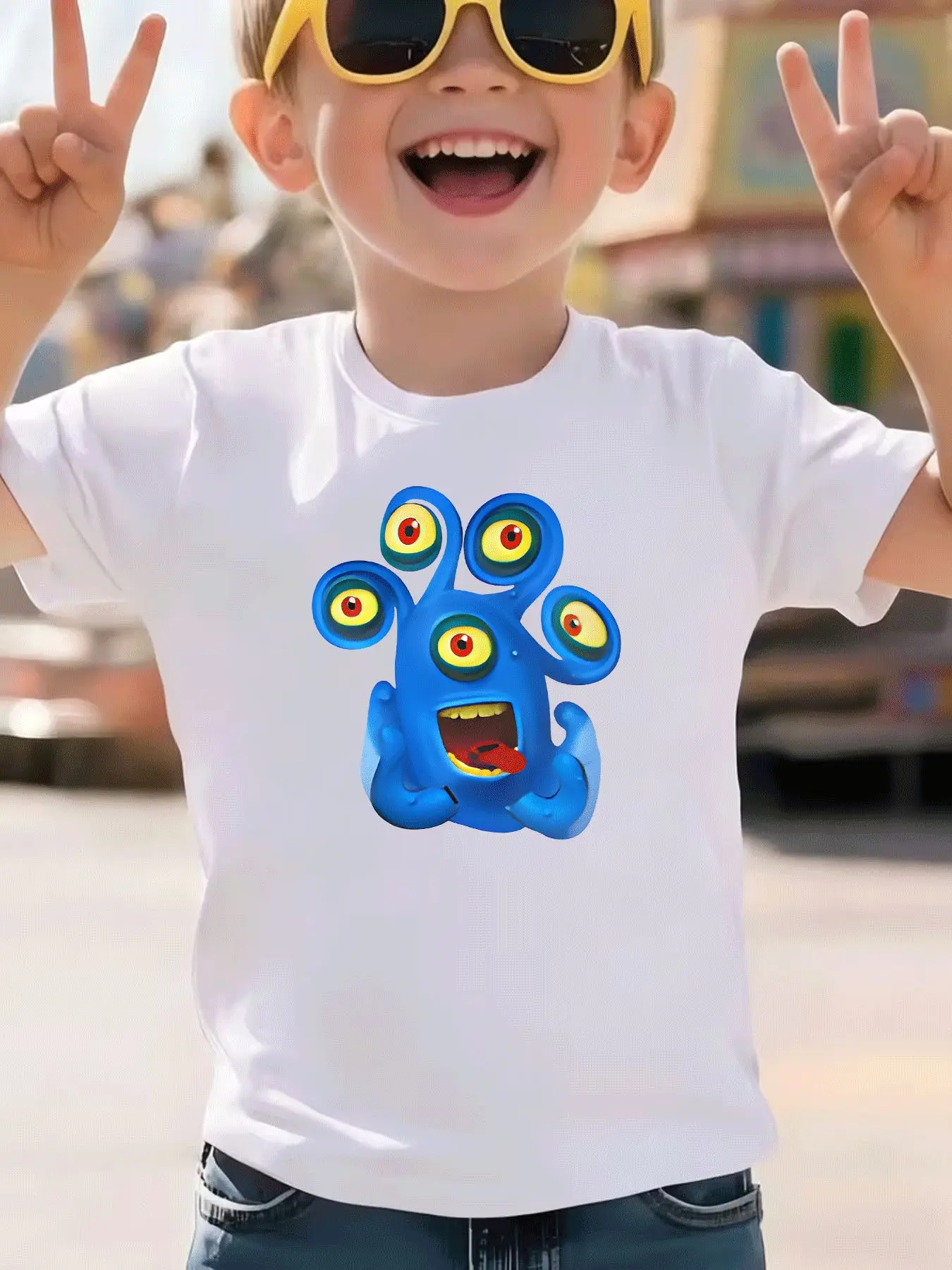 Fun Five Eyes Monster Printed Children's Fashion Creative Summer Round Neck T-shirt Casual Parent Child Top