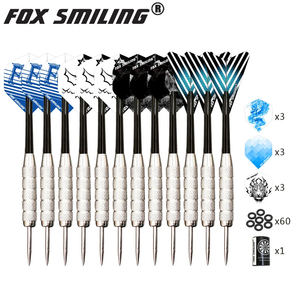 Fox Smiling 12PCS Dardos 18/22g Steel Tip Point Darts Professional With Aluminum Nylon Shaft With 9PCS Flights 1PCS sharpener