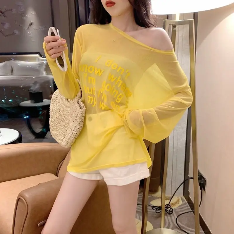 

Mesh Thin Smock Sun Protection See Through Long Sleeve Round Neck Women T Shirts Fashion Oversized Summer Soft Tunic 2023 Tops