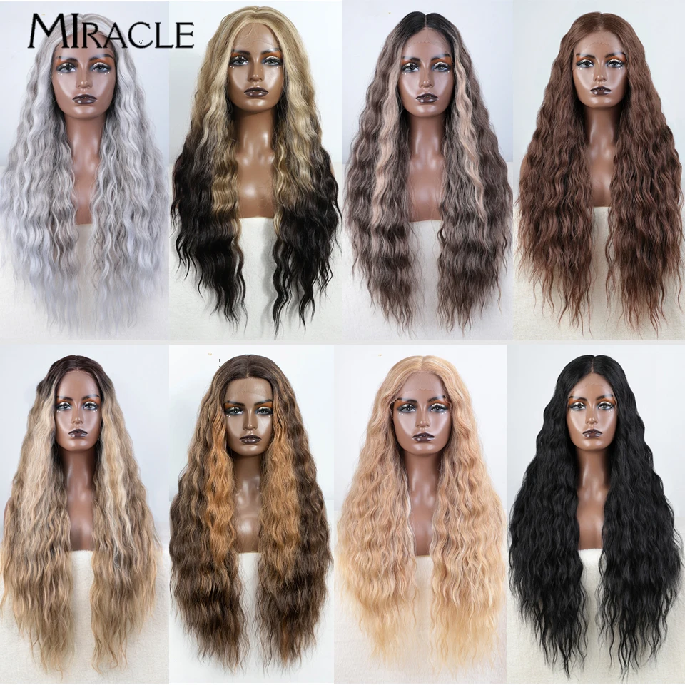 MIRACLE Synthetic 30Inch Lace Wig Wave For Woman Soft Fiber Lace Front Wig Heat Resistant Ombr Colorful Blonde  Brown